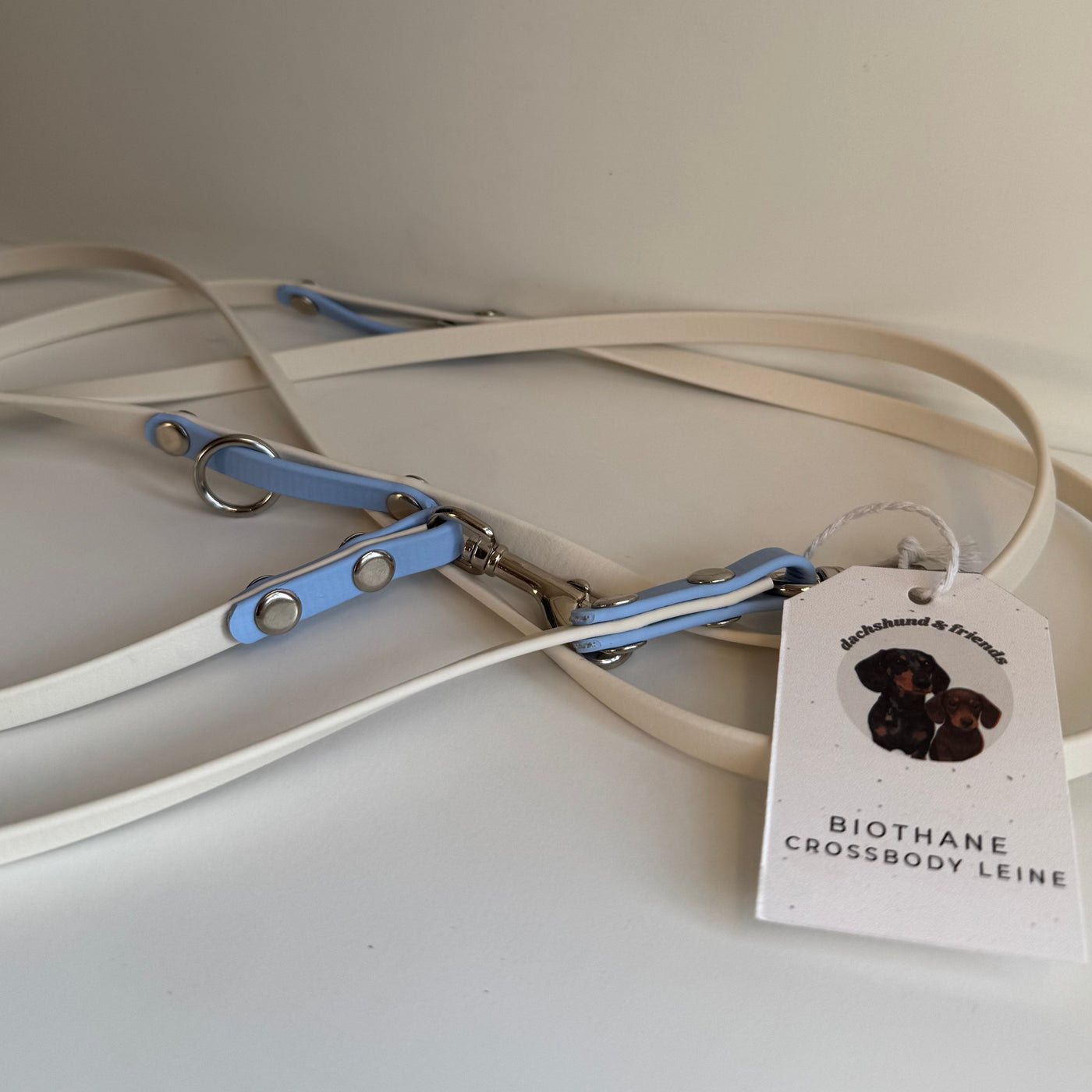 DACHSHUND & FRIENDS – BioThane® Leash (Cream/Blue – 9mm, Crossbody 2.40m)